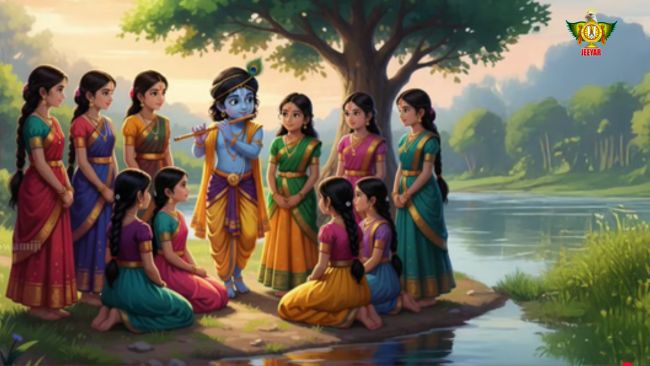 gopikas and lord Krishna playing flute